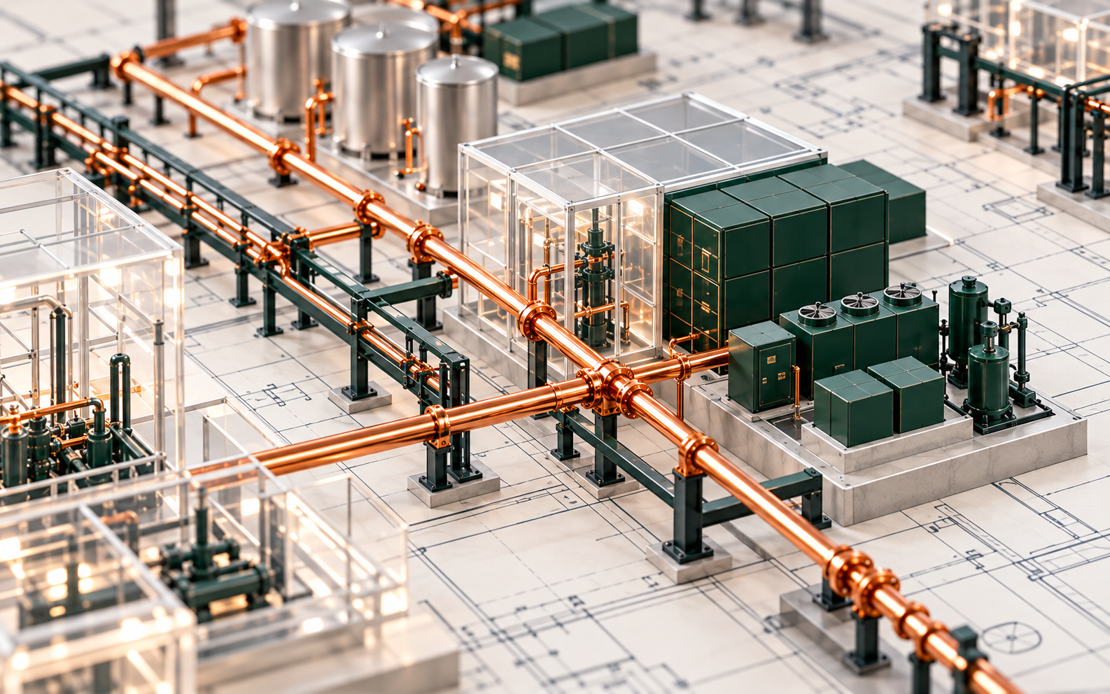 Close view of the people-and-work reference zone: connected routes, modular operations structures, and blueprint context.
