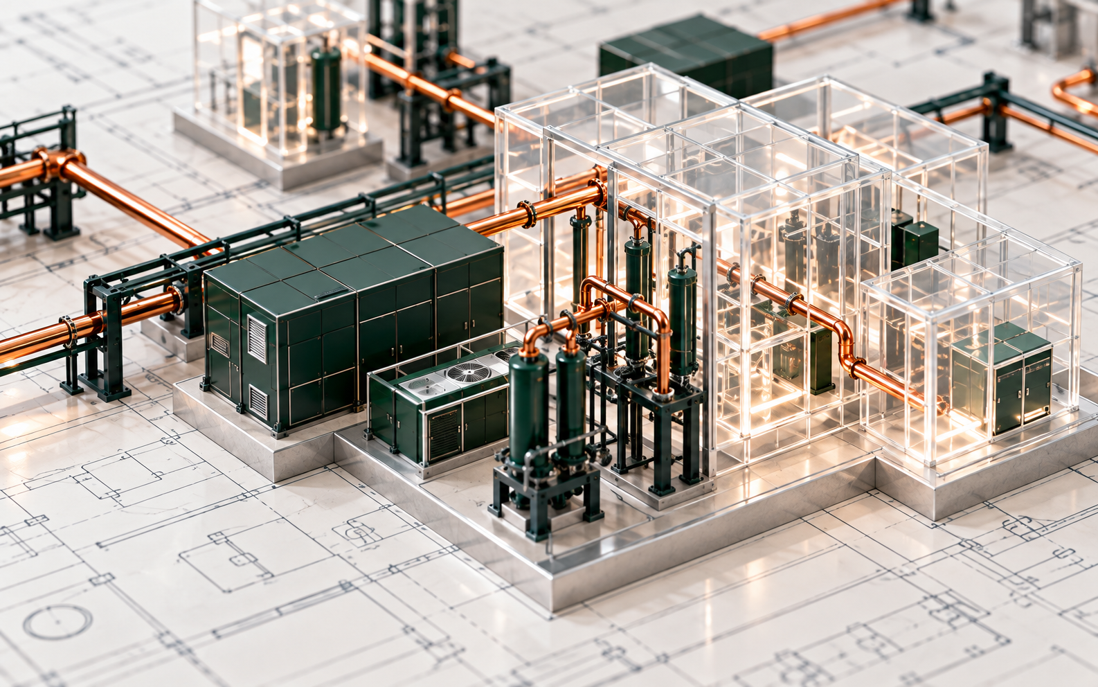 Close view of the systems-and-automation reference zone: transparent structures, green modules, and copper connections.
