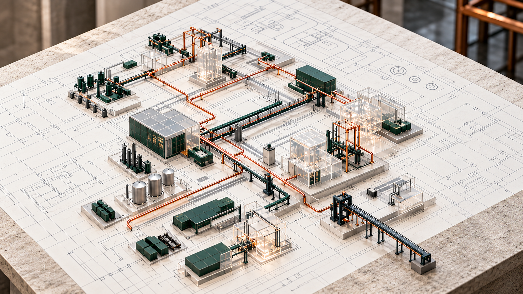 A high-angle overview of a detailed architectural systems model, with green and clear structures connected by copper routes across technical drawings.